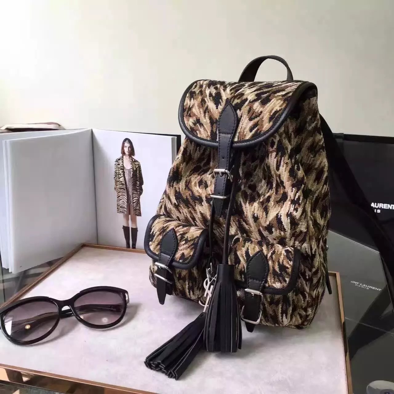 Limited Edition!2016 New Saint Laurent Bag Cheap Sale-Saint Laurent Small Festival Backpack in Natural and Black Leopard Woven Polyester and Cotton and Black Leather - Click Image to Close