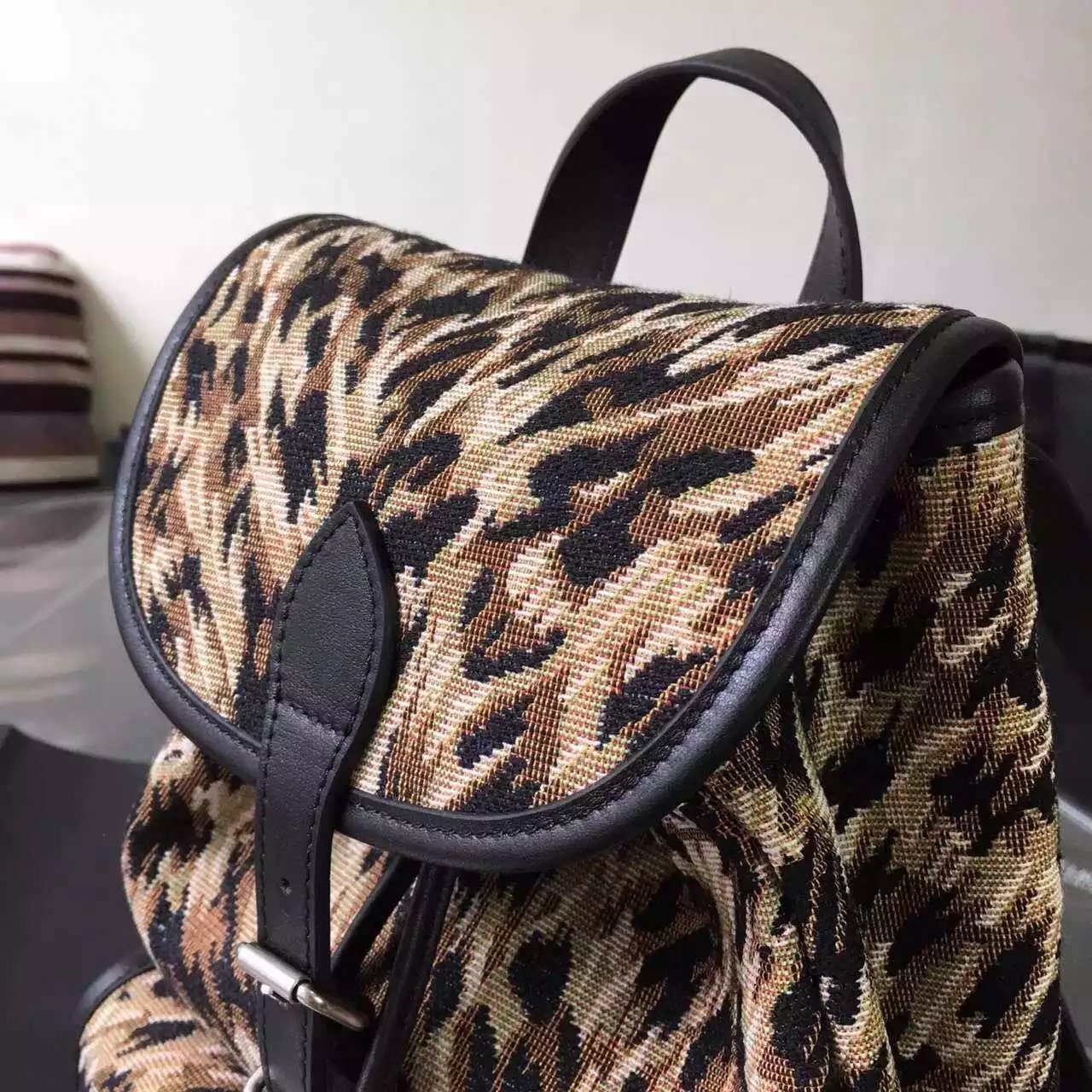Limited Edition!2016 New Saint Laurent Bag Cheap Sale-Saint Laurent Small Festival Backpack in Natural and Black Leopard Woven Polyester and Cotton and Black Leather - Click Image to Close