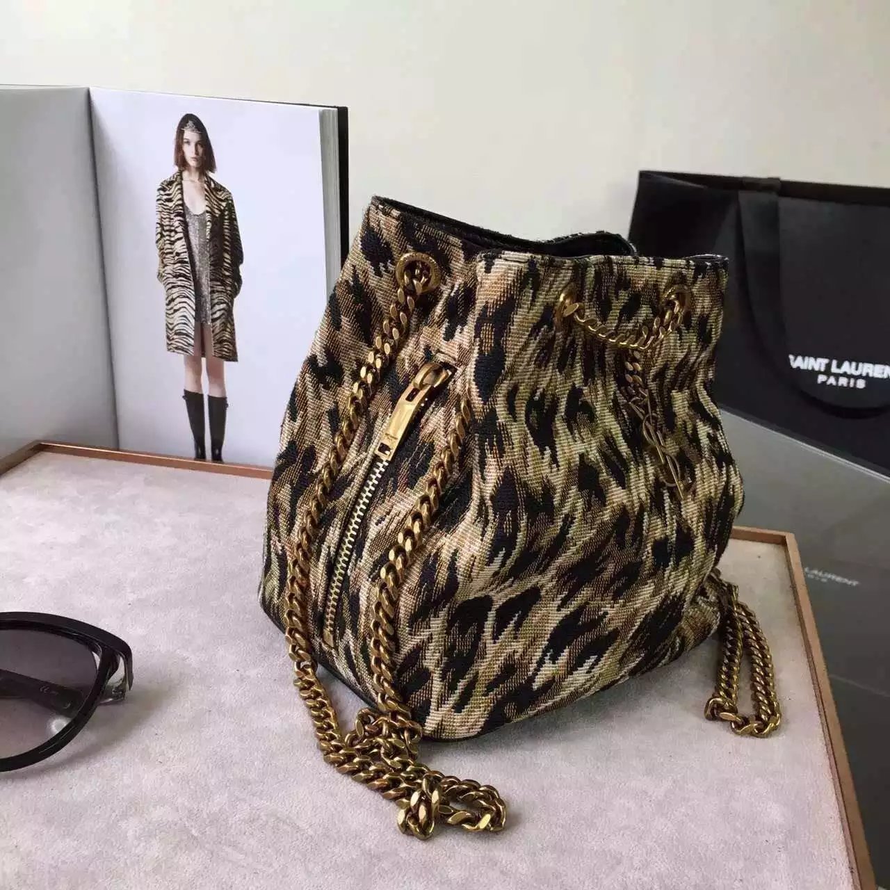 Limited Edition!2016 New Saint Laurent Bag Cheap Sale-Saint Laurent Classic Baby Emmanuelle Chain Bucket Bag in Natural and Black Leopard Woven Polyester and Cotton - Click Image to Close