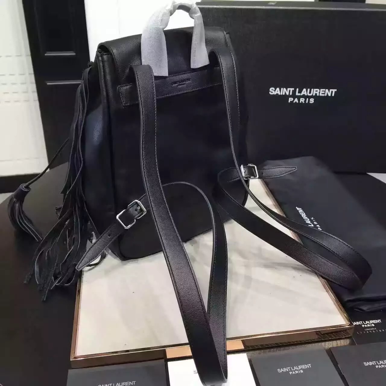 2016 Saint Laurent Bags Cheap Sale-Saint Laurent Small Festival Fringed Backpack in Black Leather - Click Image to Close