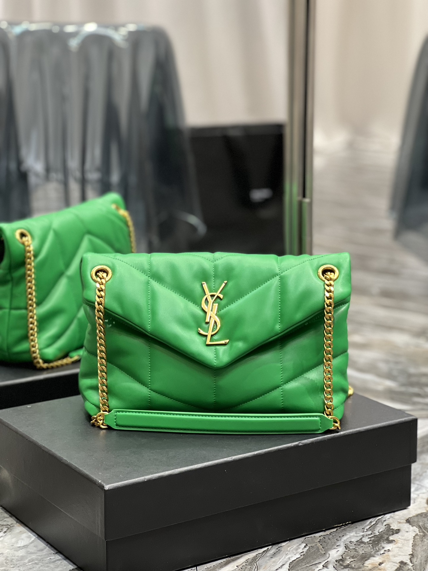 Saint Laurent Loulou Puffer Small Bag in quilted lambskin leather green