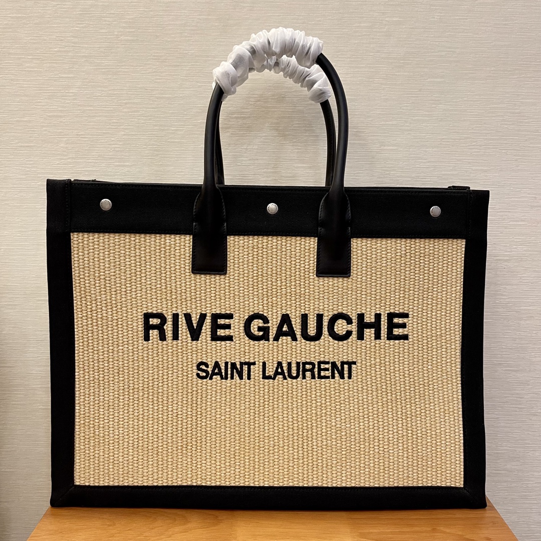 2022 Saint Laurent rive gauche tote bag in raffia and leather BEIGE NATUREL