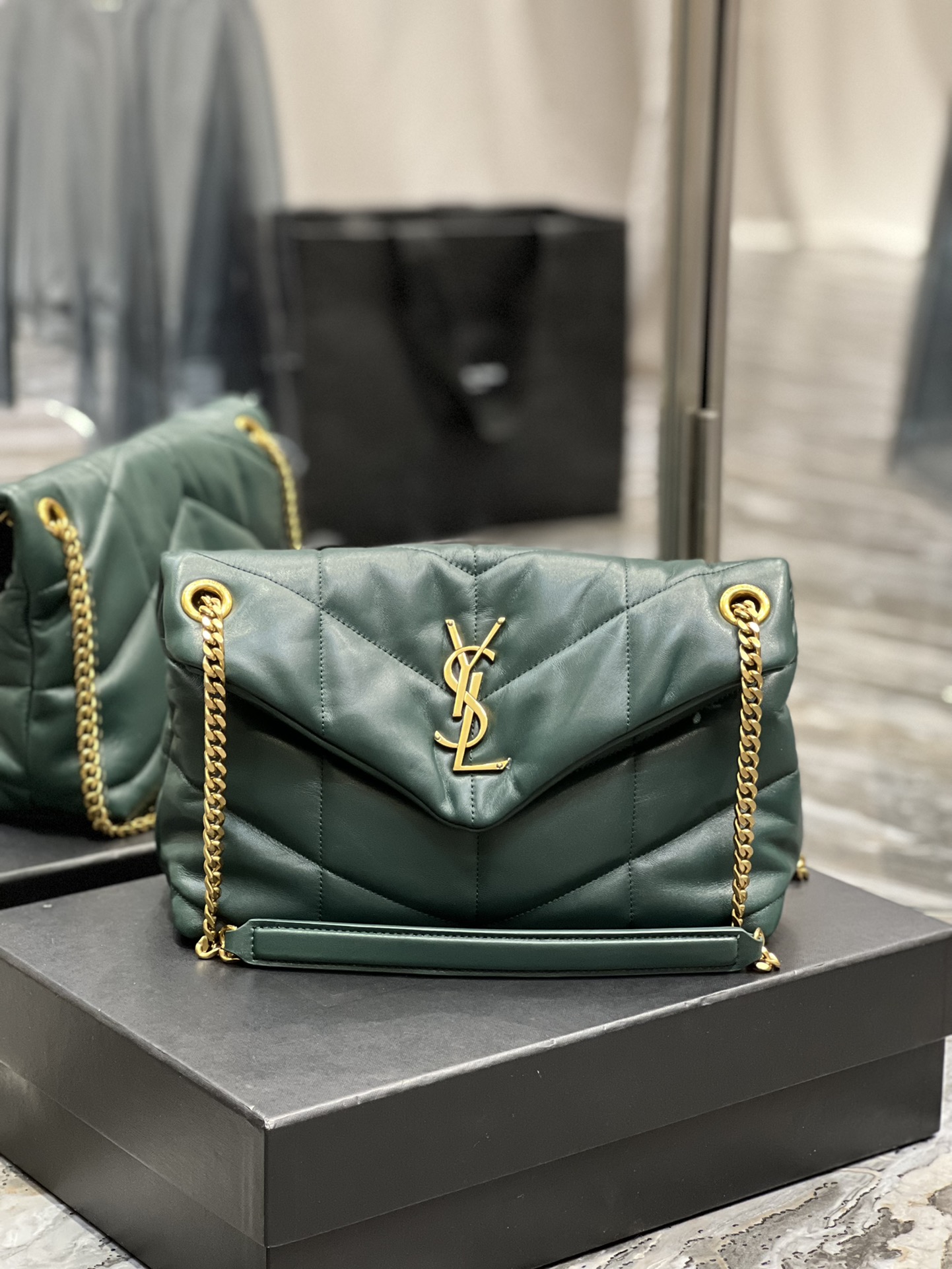 Saint Laurent Loulou Puffer Small Bag in quilted lambskin leather emerald green