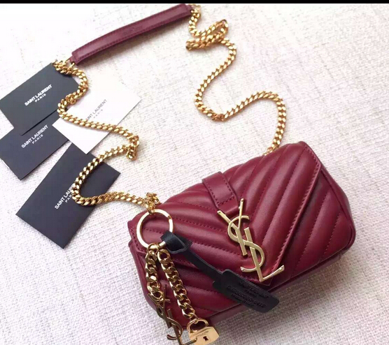 S/S 2016 Saint Laurent Bags Cheap Sale-Saint Laurent Classic Baby Monogram Chain Bag in Burgundy Grainy Matelasse Leather with Gold-Toned "YSL" - Click Image to Close