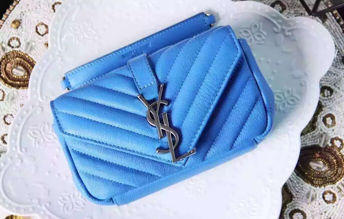 Spring 2016 Saint Laurent Bags Cheap Sale-Saint Laurent Mini Classic Monogram College Bag in Light Blue Matelasse Leather