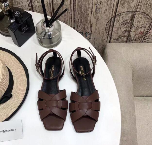 2021 Cheap Saint Laurent tribute flat sandals in Brown leather