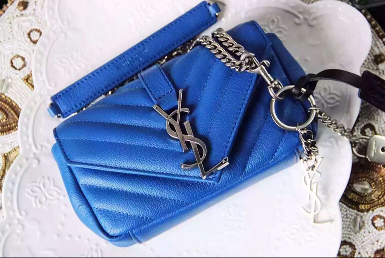 Spring 2016 Saint Laurent Bags Cheap Sale-Saint Laurent Mini Classic Monogram College Bag in Blue Matelasse Leather