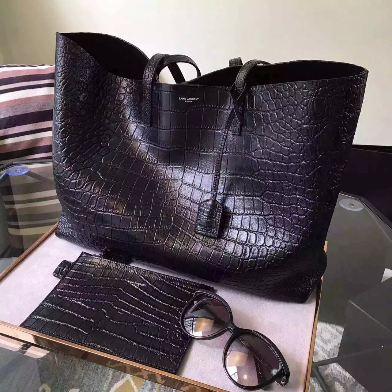 2016 New Saint Laurent Bag Cheap Sale-Saint Laurent Large Shopping Tote Bag in Black Crocodile Embossed Leather