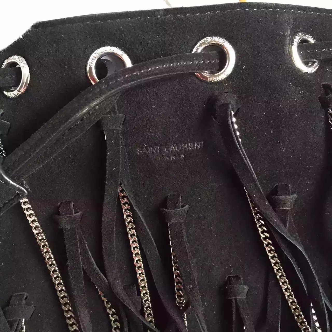 2016 New Saint Laurent Bag Cheap Sale-Saint Laurent Small Black Emmanuelle Bucket Bag with Black Suede Fringe - Click Image to Close