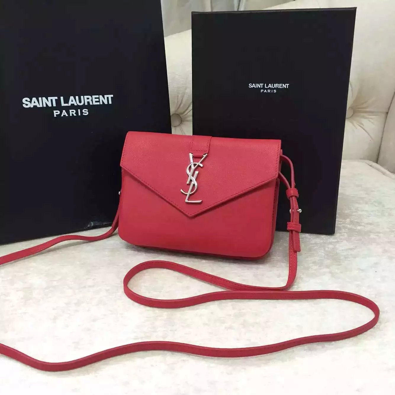Limited Edition!2016 New Saint Laurent Bag Cheap Sale-Saint Laurent Trio Bag in Red Calfskin Leather
