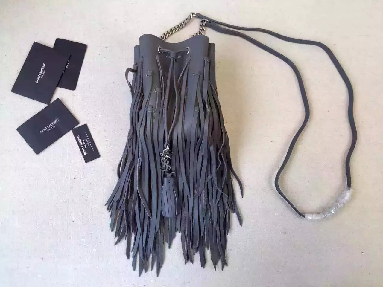 2015 New Saint Laurent Bag Cheap Sale-Saint Laurent Emmanuelle Fringed Bucket Bag in Fog Leather