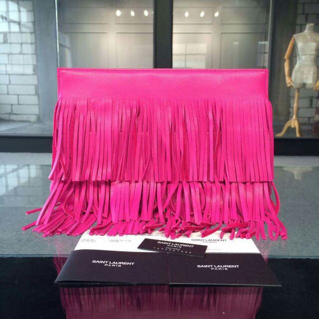 YSL 2015 Fashion Show Collection Outlet-Saint Laurent Clutch in Lipstick Fuchsia Calfskin Leather with Fringe - Click Image to Close