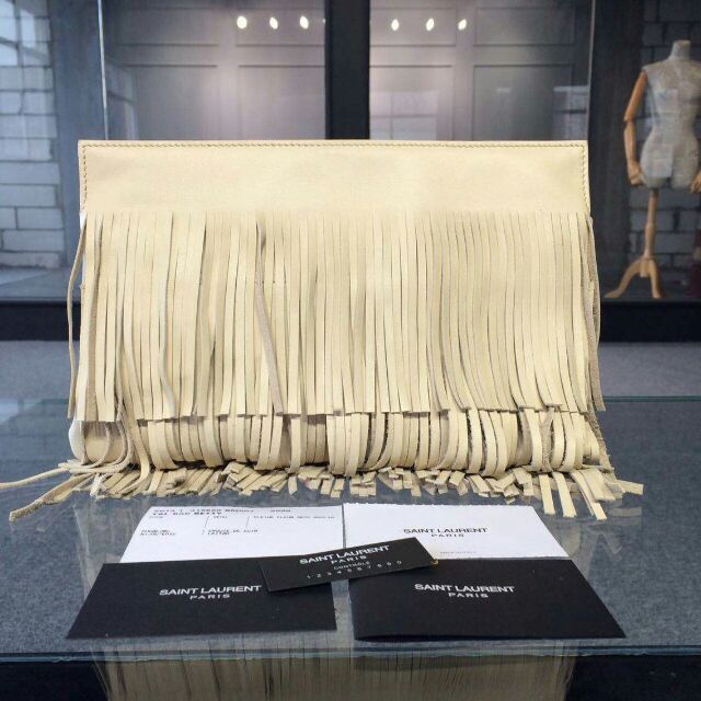 YSL 2015 Fashion Show Collection Outlet-Saint Laurent Clutch in Off-white Calfskin Leather with Fringe