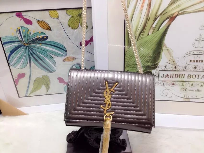 2015 New Saint Laurent Bag Cheap Sale-Classic Monogram Saint Laurent Tassel Satchel in Grey Matelasse Patent Leather