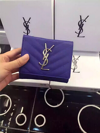2015 New Saint Laurent Bag Cheap Sale-YSL Wallet in Blue Matelasse Grained Leather - Click Image to Close