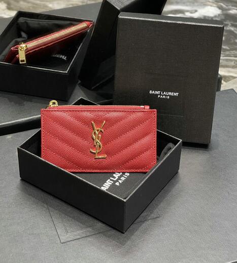 2021 Saint Laurent Monogram Fragments Zippered Card Case in red grain de poudre embossed leather