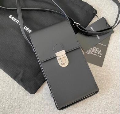 2021 cheap saint laurent tuc phone pouch with strap in supple calfskin black
