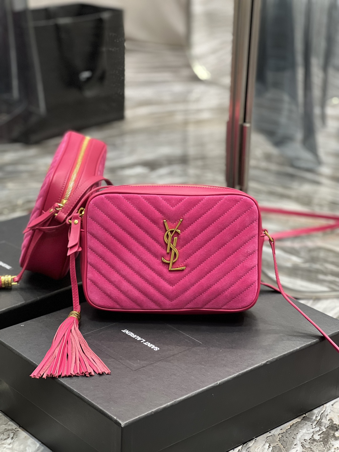2018 Saint Laurent LOU Camera Bag in HOT PINK Suede leather