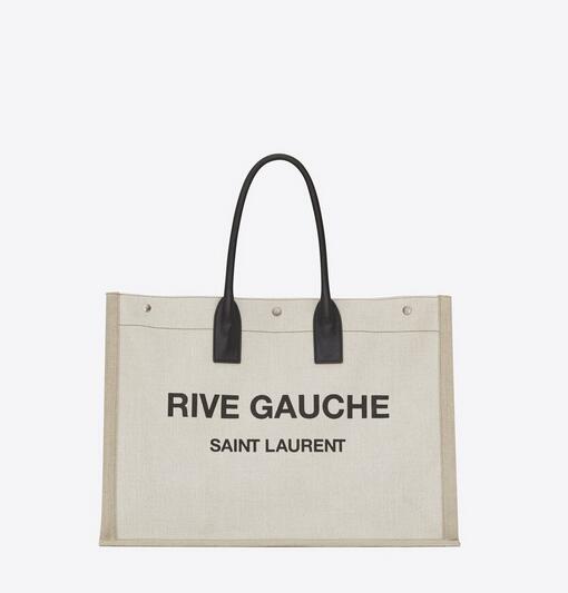 2021 Cheap Saint Laurent rive gauche tote bag in linen and leather WHITE LINEN
