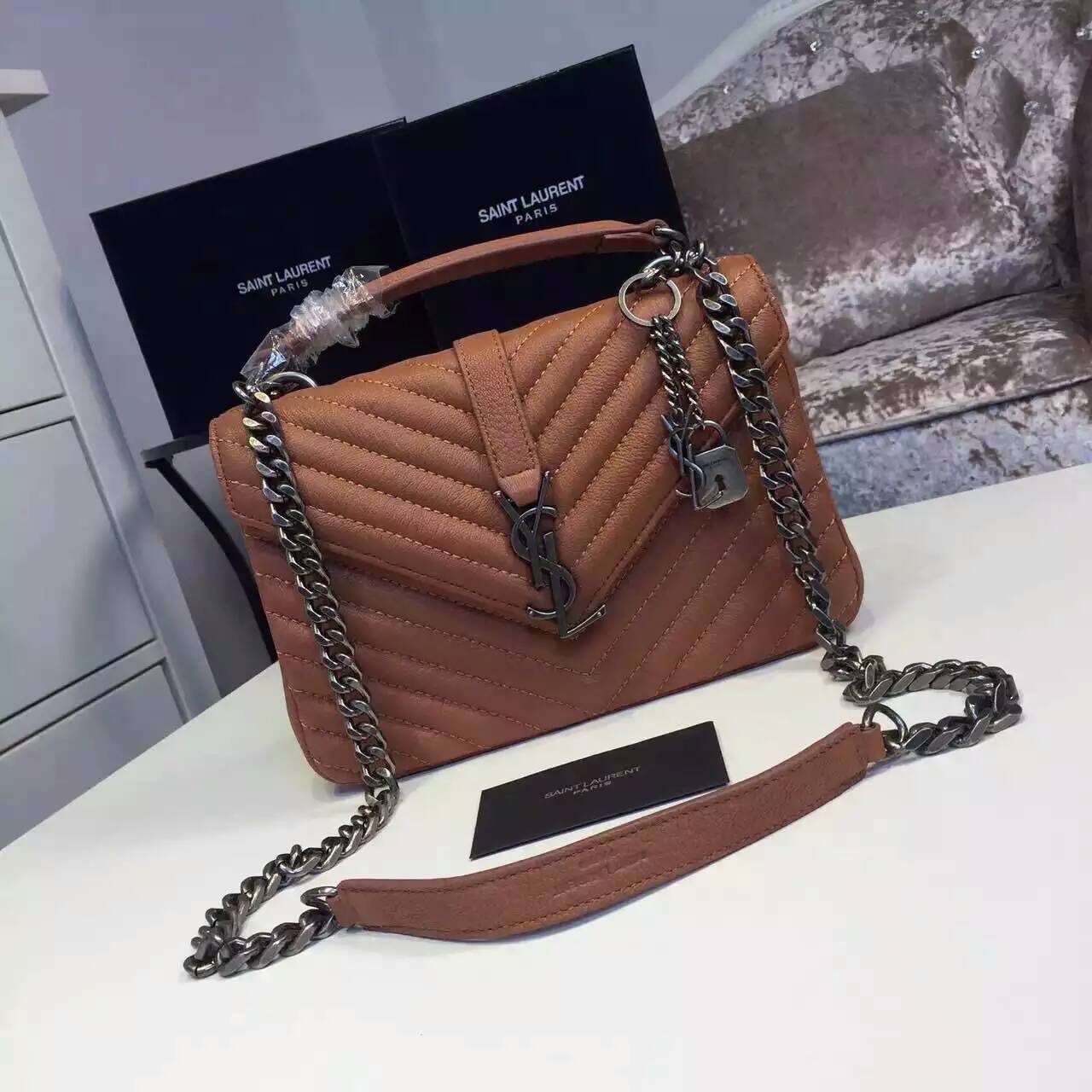 2016 New Saint Laurent Bag Cheap Sale-Saint Laurent Classic Medium COLLEGE MONOGRAM Bag in Light Brown MATELASSE Leather