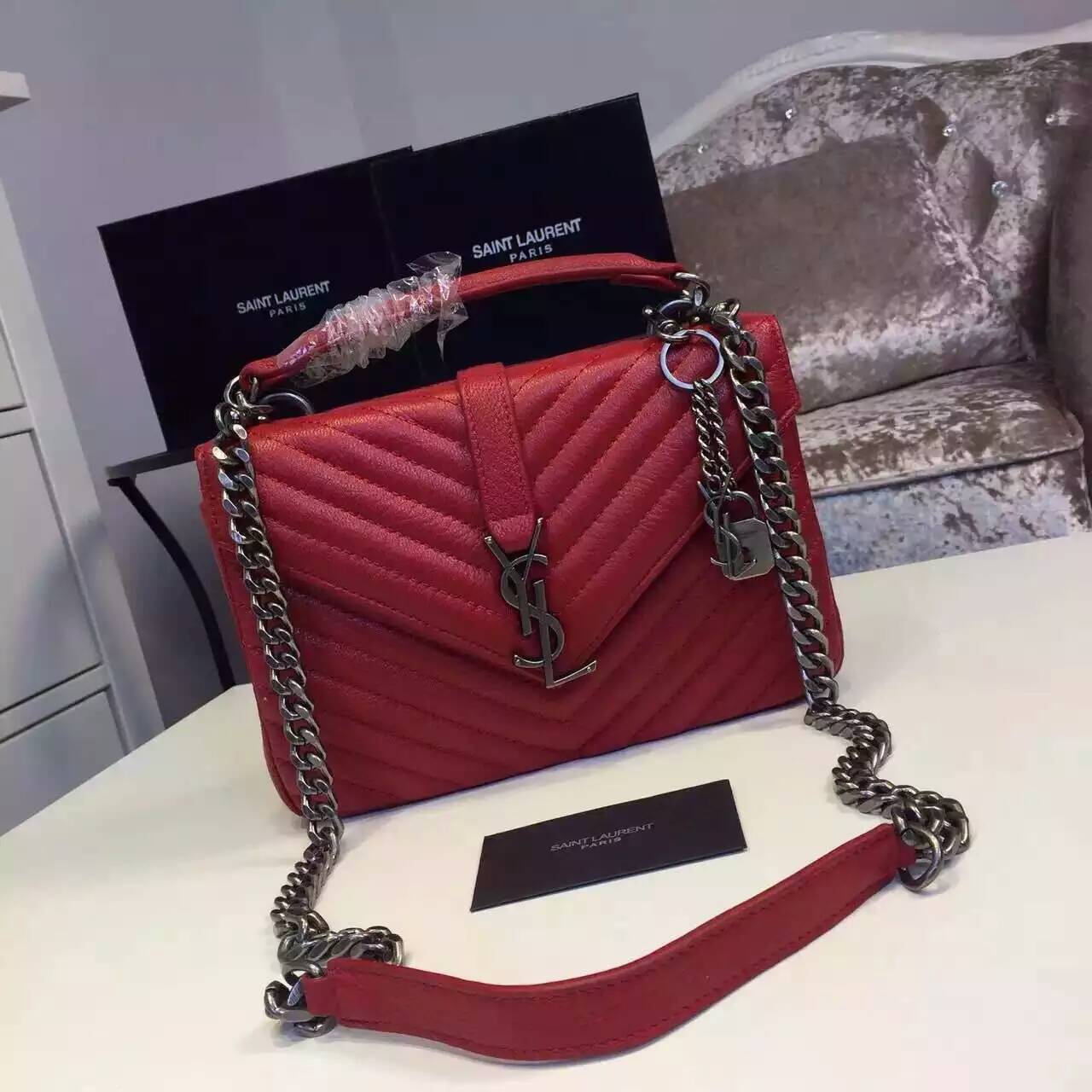 2016 New Saint Laurent Bag Cheap Sale-Saint Laurent Classic Medium COLLEGE MONOGRAM Bag in Red MATELASSE Leather