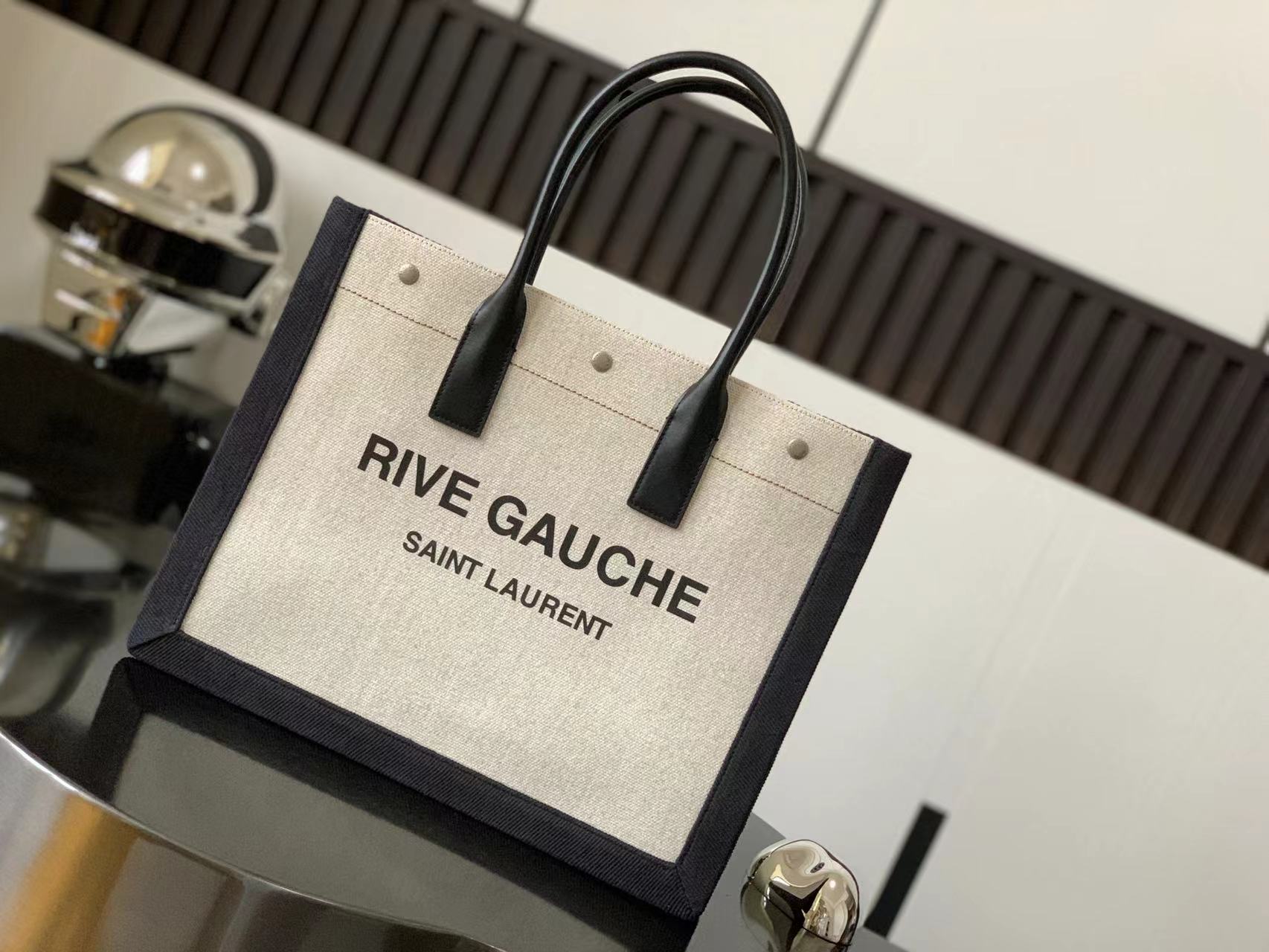 Saint Laurent Rive Gauche Tote Bag in Bicolor Linen and Black Leather 02