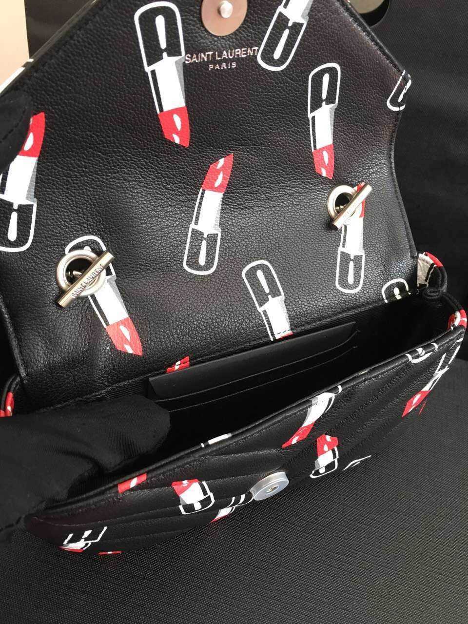 Limited Edition!2016 Saint Laurent Bags Cheap Sale-Saint Laurent Classic Baby Monogram Chain Bag in Black Matelasse Leather with Lipstick Print - Click Image to Close