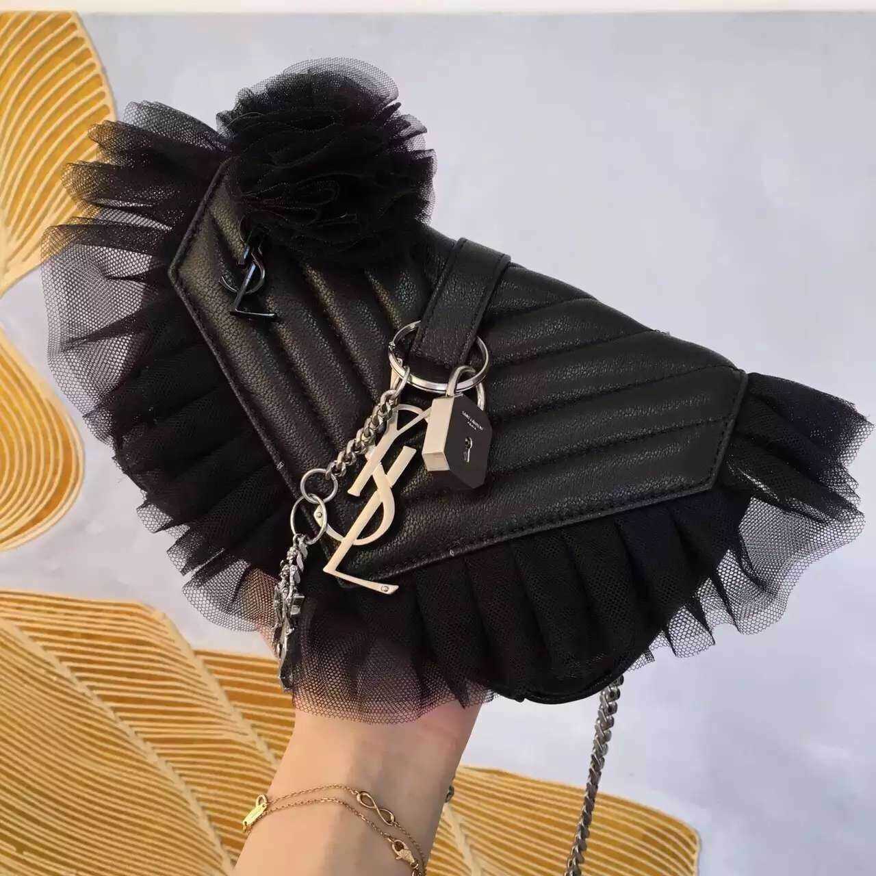 Limited Edtiom!2016 Saint Laurent Bags Cheap Sale-Saint Laurent Classic Baby Monogram Punk Chain Bag in Black Matelasse Leather and Tulle - Click Image to Close