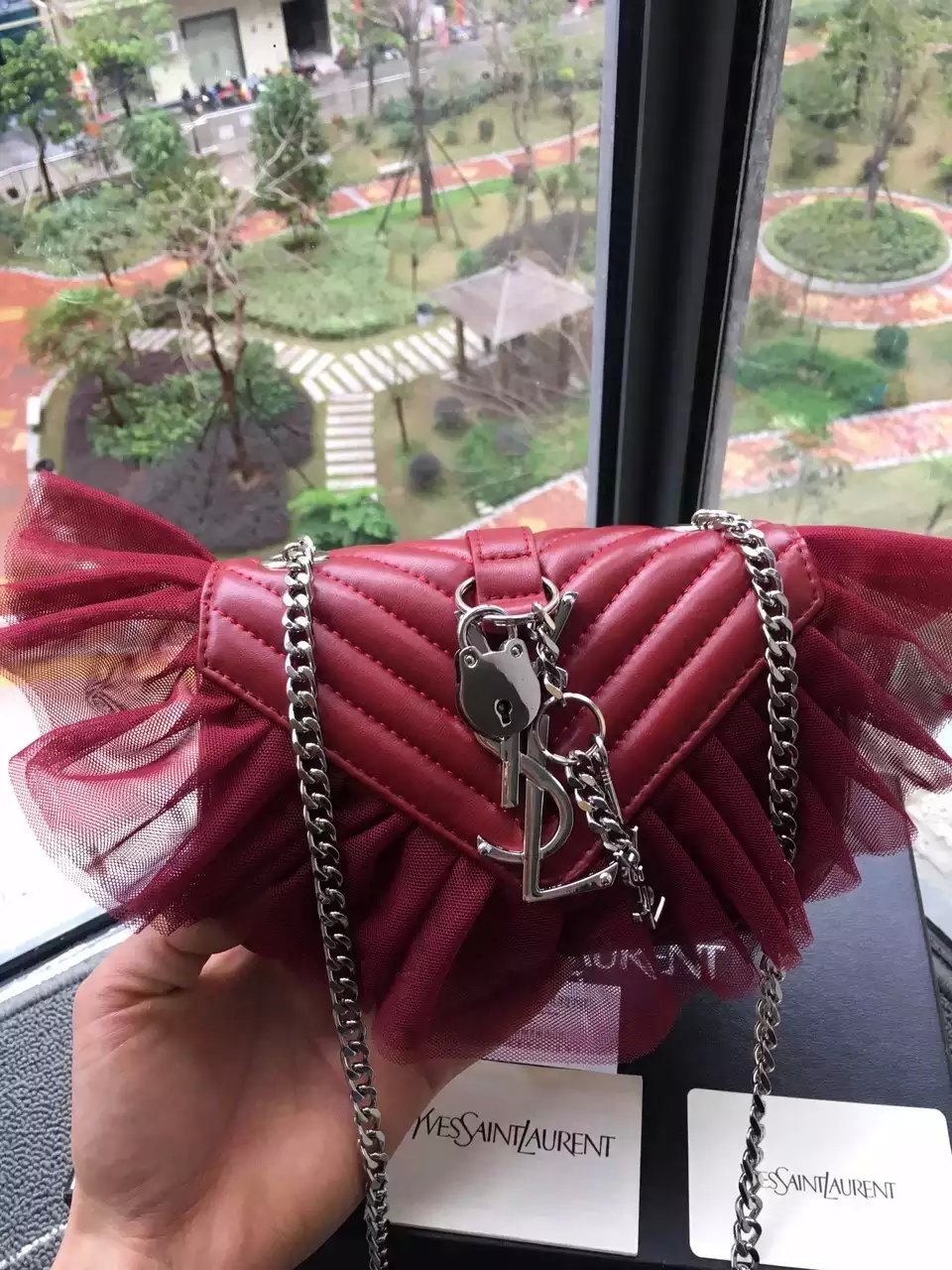 Limited Edition!2016 Saint Laurent Bags Cheap Sale-Saint Laurent Classic Large Baby Monogram Punk Chain Bag in Red Matelasse Leather and Tulle - Click Image to Close