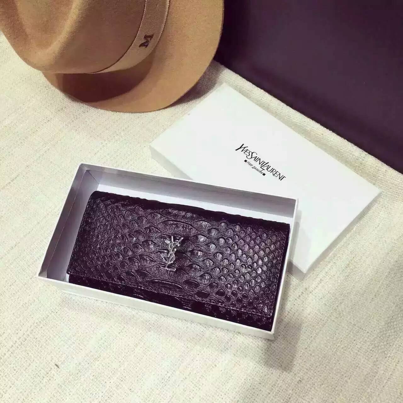 Limited Edition!2016 New Saint Laurent Small Leather Goods Cheap Sale-Saint Laurent Clutch in Black Python Embossed Leather