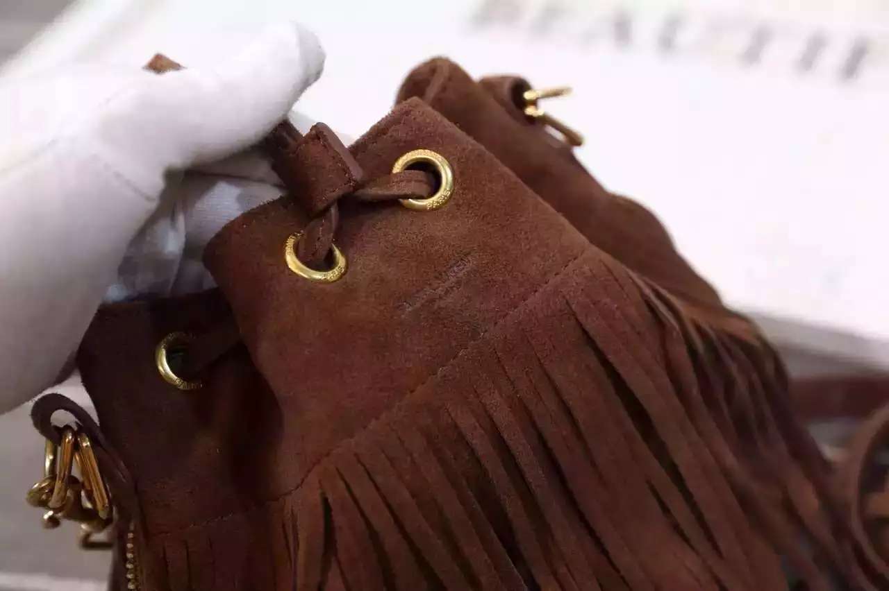 2016 New Saint Laurent Bag Cheap Sale-Saint Laurent Emmanuelle Fringed Bucket Bag in Brown Suede and Leather - Click Image to Close