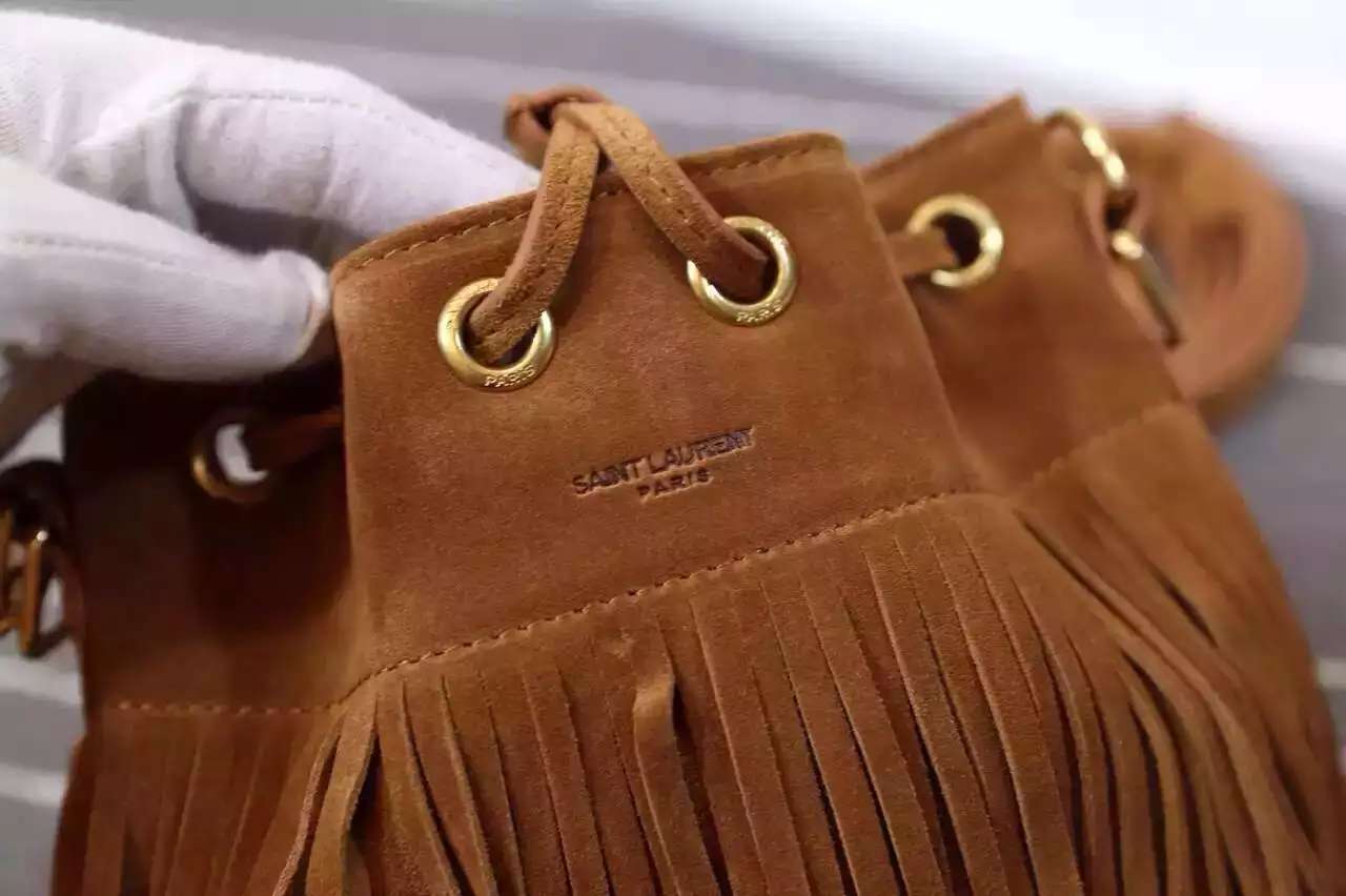 2016 New Saint Laurent Bag Cheap Sale-Saint Laurent Emmanuelle Fringed Bucket Bag in Camel Suede and Leather - Click Image to Close