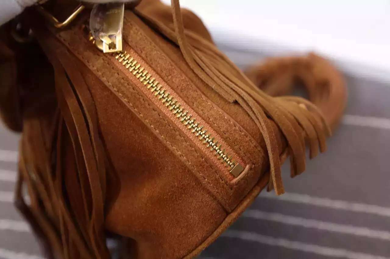2016 New Saint Laurent Bag Cheap Sale-Saint Laurent Emmanuelle Fringed Bucket Bag in Camel Suede and Leather - Click Image to Close