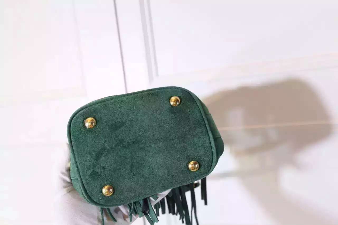 2016 New Saint Laurent Bag Cheap Sale-Saint Laurent Emmanuelle Fringed Bucket Bag in Green Suede and Leather - Click Image to Close