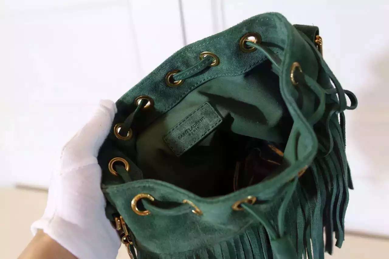 2016 New Saint Laurent Bag Cheap Sale-Saint Laurent Emmanuelle Fringed Bucket Bag in Green Suede and Leather - Click Image to Close