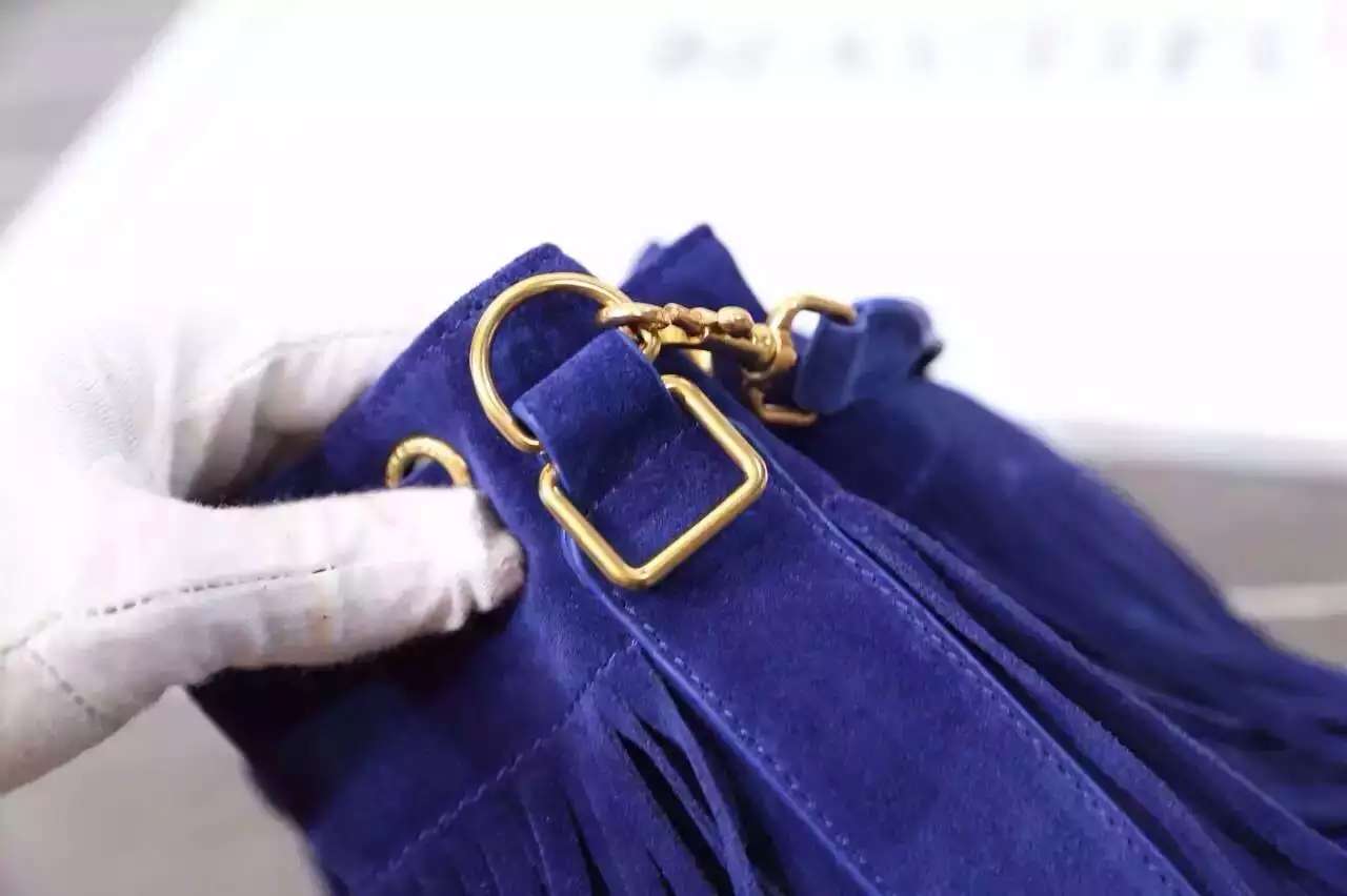 2016 New Saint Laurent Bag Cheap Sale-Saint Laurent Emmanuelle Fringed Bucket Bag in Royal Blue Suede and Leather - Click Image to Close