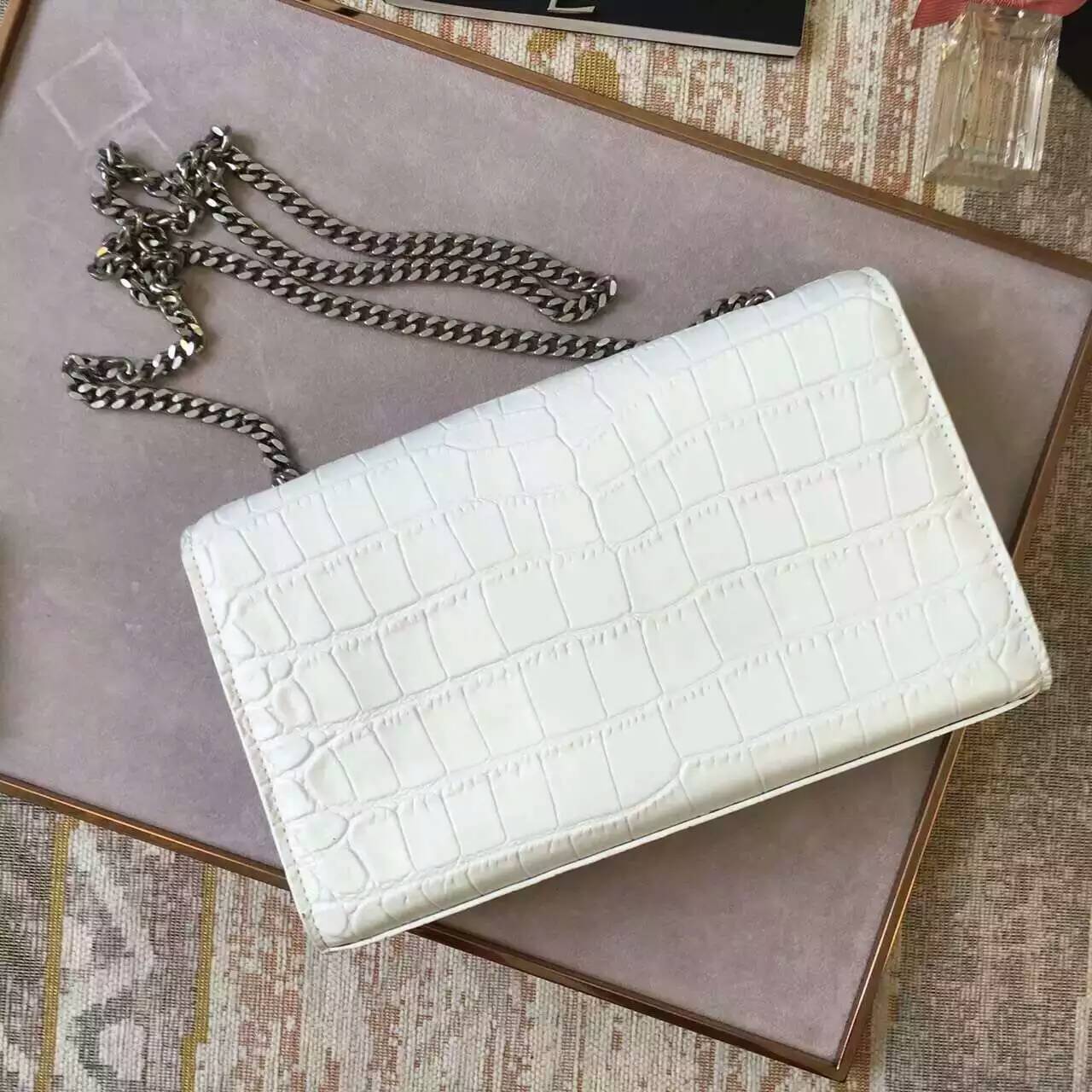 S/S 2016 New Saint Laurent Bag Cheap Sale-Saint Laurent Medium Monogram Satchel in Dove White Crocodile Embossed Leather - Click Image to Close