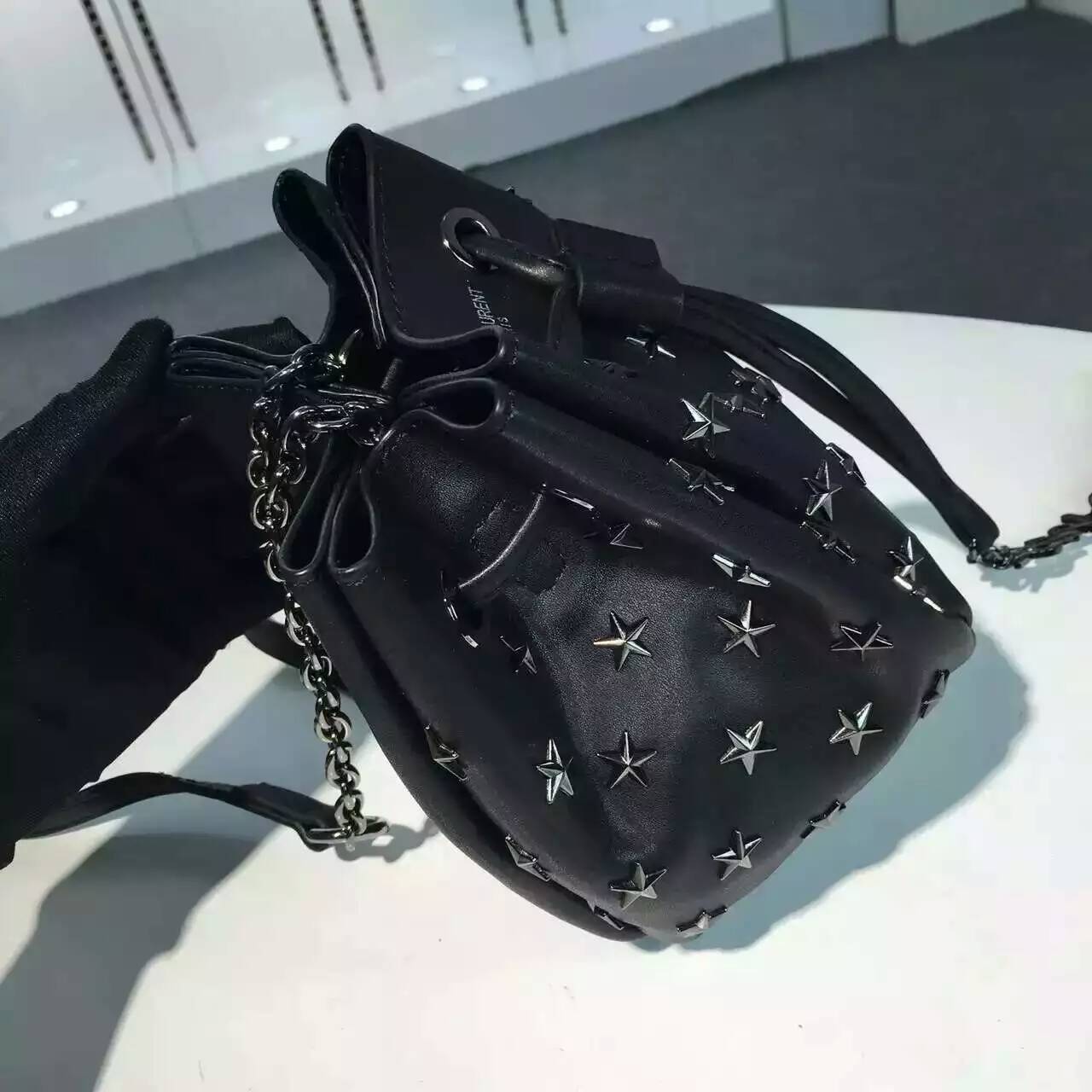 Limited Edition!2016 New Saint Laurent Bag Cheap Sale-Saint Laurent Medium Emmanuelle Bucket Bag in Black Leather with Stars - Click Image to Close