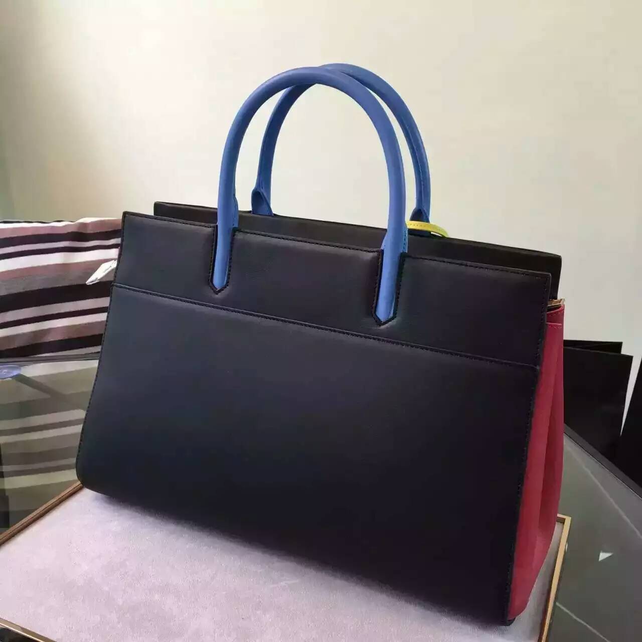 S/S 2016 New Saint Laurent Bag Cheap Sale-Saint Laurent Medium Cabas Rive Gauche Bag in Black, Red, Dove White, Light Blue and Yellow Leather - Click Image to Close