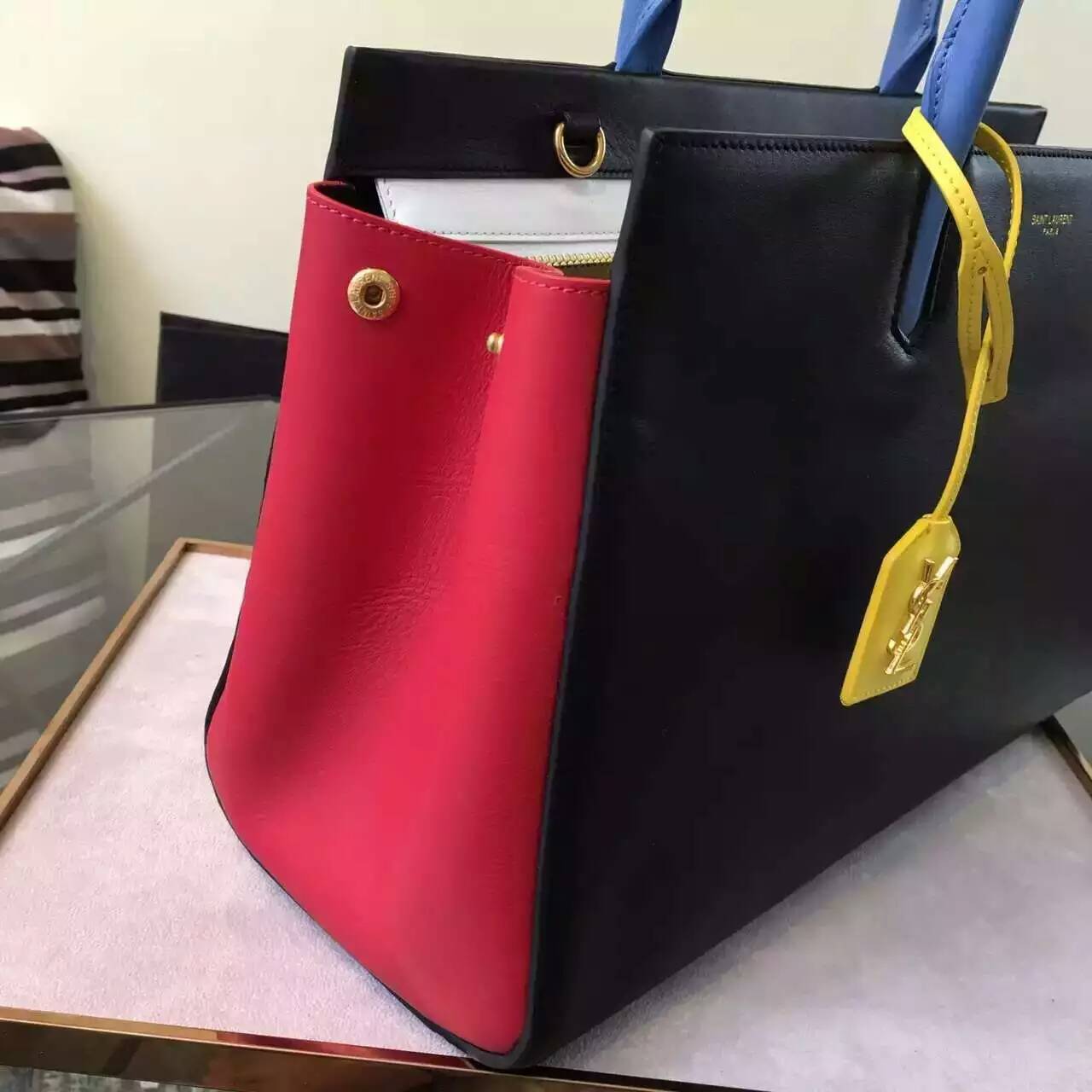 S/S 2016 New Saint Laurent Bag Cheap Sale-Saint Laurent Medium Cabas Rive Gauche Bag in Black, Red, Dove White, Light Blue and Yellow Leather - Click Image to Close