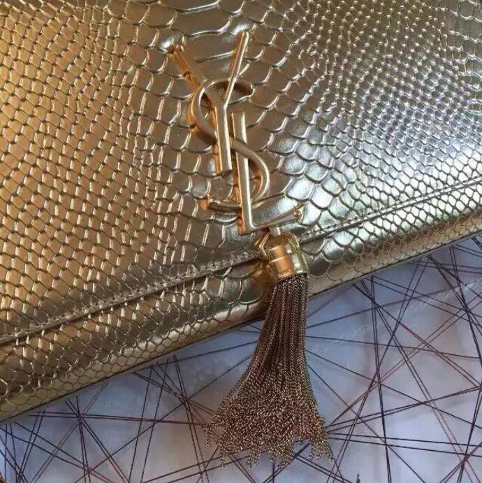 2016 Saint Laurent Bags Cheap Sale-Saint Laurent Medium Classic Tassel Satchel in Gold Python Embossed Leather YMTSPE-GSM - Click Image to Close