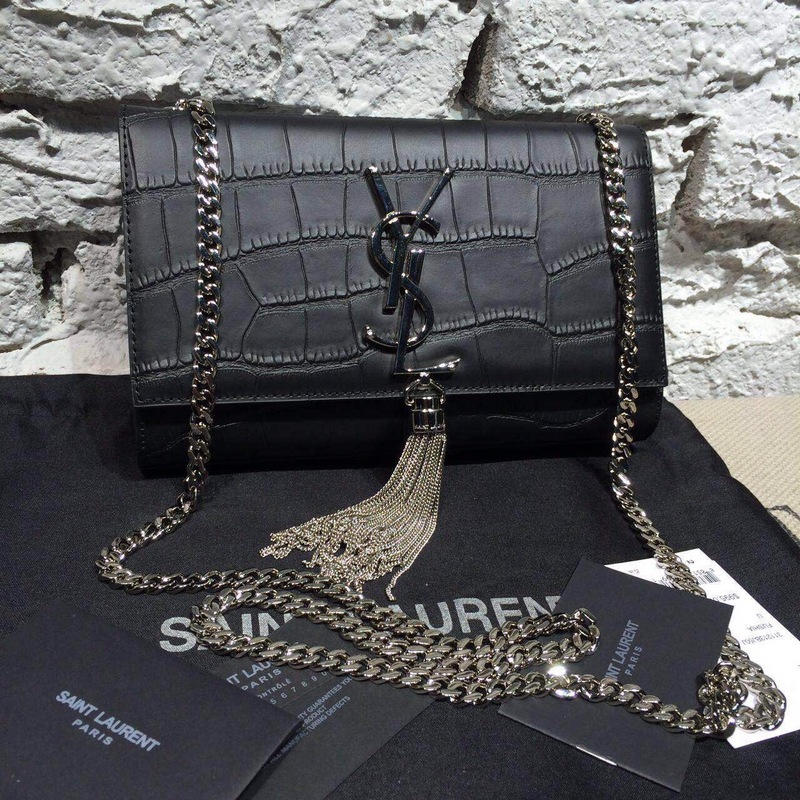 2015 New Saint Laurent Bag Cheap Sale-Classic Saint Laurent Tassel Satchel in Superior Black Crocodile Embossed Calf Leather - Click Image to Close