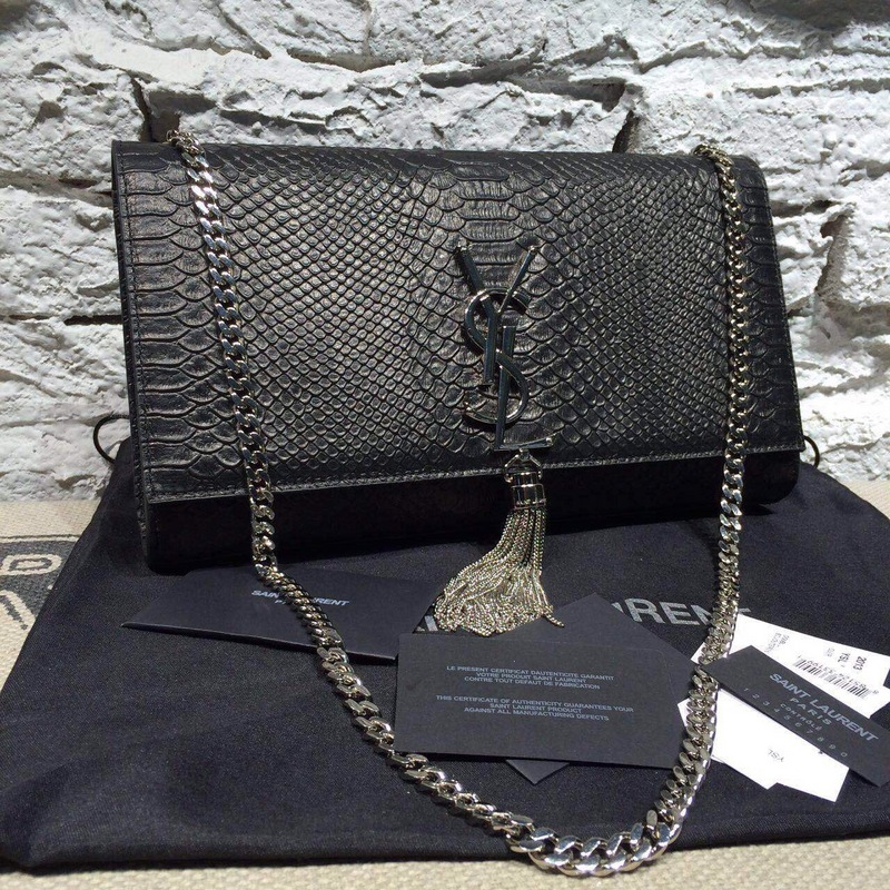 2015 New Saint Laurent Bag Cheap Sale-Classic Saint Laurent Tassel Satchel in Superior Black Python Embossed Calf Leather - Click Image to Close