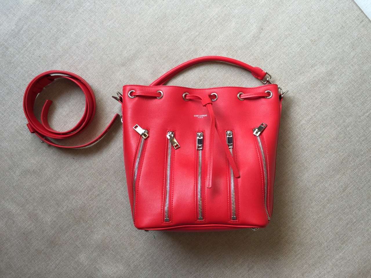 2016 New Saint Laurent Bag Cheap Sale-Saint Laurent Medium Emmanuelle Bucket Bag in Cherry Leather With Zips - Click Image to Close
