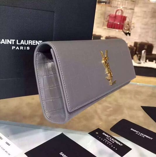 YSL Spring 2016 Collection Outlet-Saint Laurent Classic Monogram Clutch in Fog Crocodile Embossed Leather with Gold "YSL" - Click Image to Close