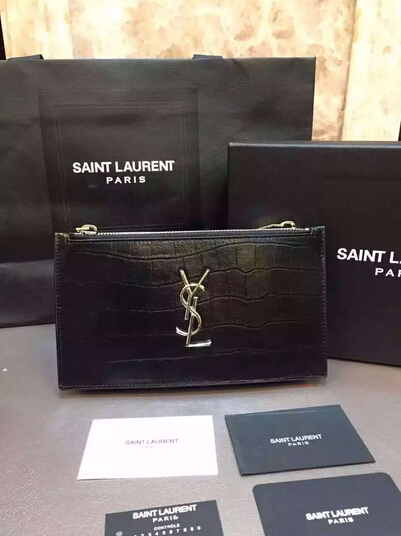 Fall/Winter 2015 Saint Laurent Bag Cheap Sale-Saint Laurent Zippy Clutch in Black Crocodile Embossed Leather - Click Image to Close