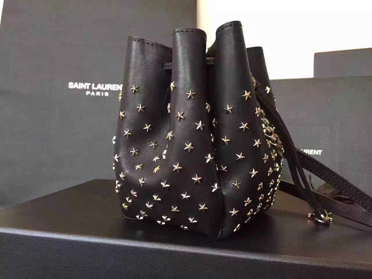 Limited Edition!2016 New Saint Laurent Bag Cheap Sale-Saint Laurent Small Emmanuelle Bucket Bag in Black Leather with Stars - Click Image to Close