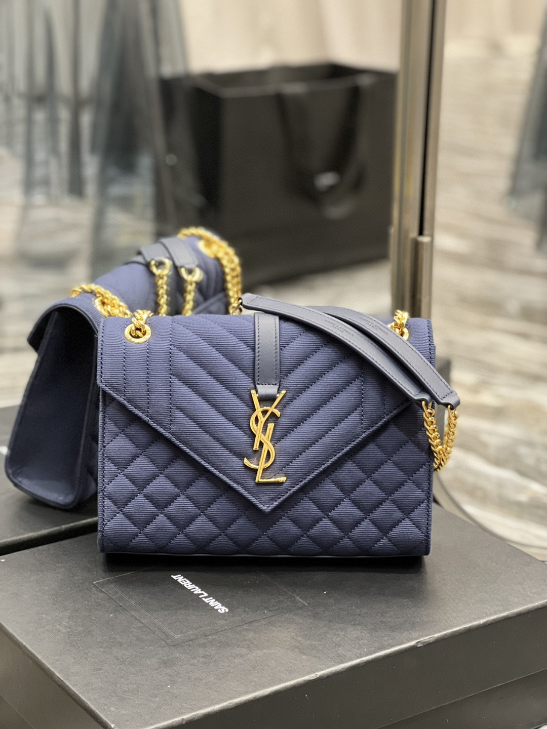2022 cheap YSL envelope small chain bag in quilted grain de poudre embossed leather Blue