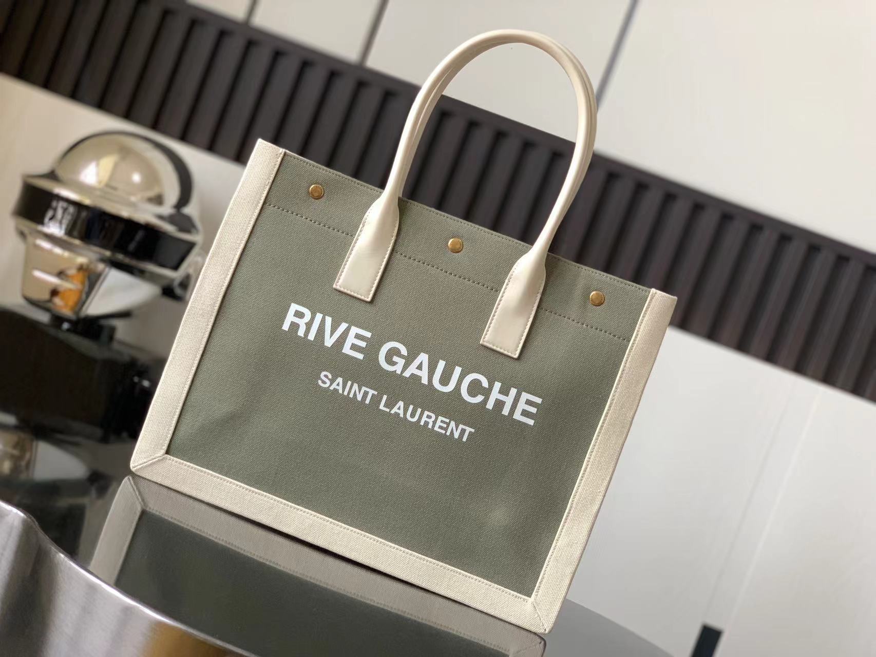 2022 cheap YSL rive gauche small tote bag in linen and leather 02